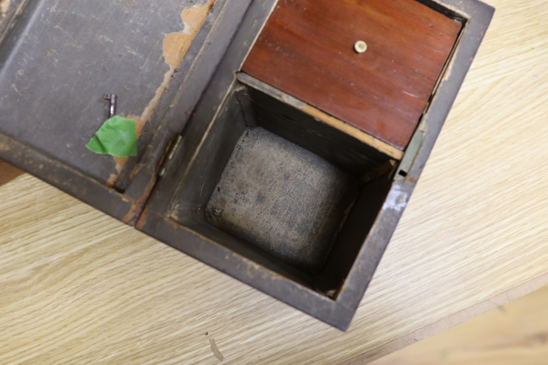 A Victorian mahogany brass bound sewing box, a mother of pearl and silver metal inlaid ebony tea caddy and another caddy, Ebony caddy 19 cms wide x 9 cms high